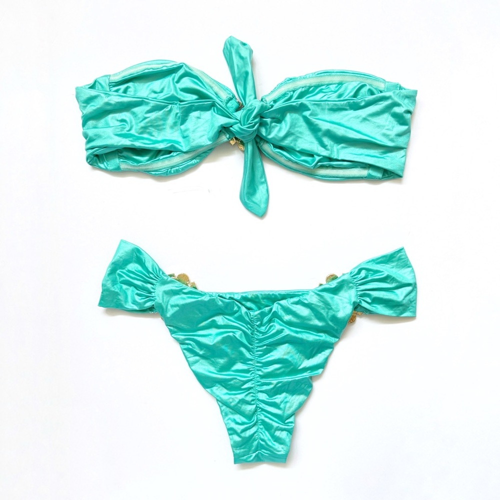BEACH BUNNY TRAL GREEN SHOW & TELL CRYSTAL RHINESTONE RING STRAPLESS BIKINI SET - Picture 3 of 11